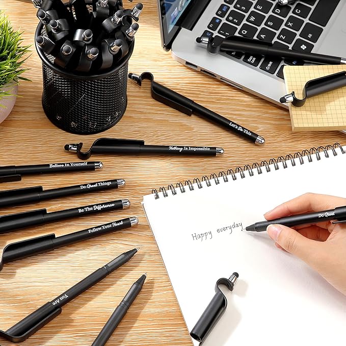 100 Pcs Inspirational Pens Bulk Black Motivational Ballpoint Pen with Writing Touch Screen and Mobile Phone Stand 3-in-1 for Office School Supplies Inspirational Gifts-DeskLoop Office