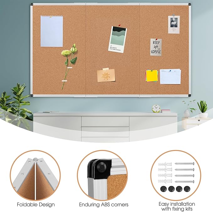 Board2by Extra Large Cork Bulletin Board 96" X 48", Foldable Notice Pin Board for Wall, Silver Aluminum Framed 8'x4' Corkboard, Wall Mounted Noticeboard with 36 Push Pins for School, Home & Office-DeskLoop Office