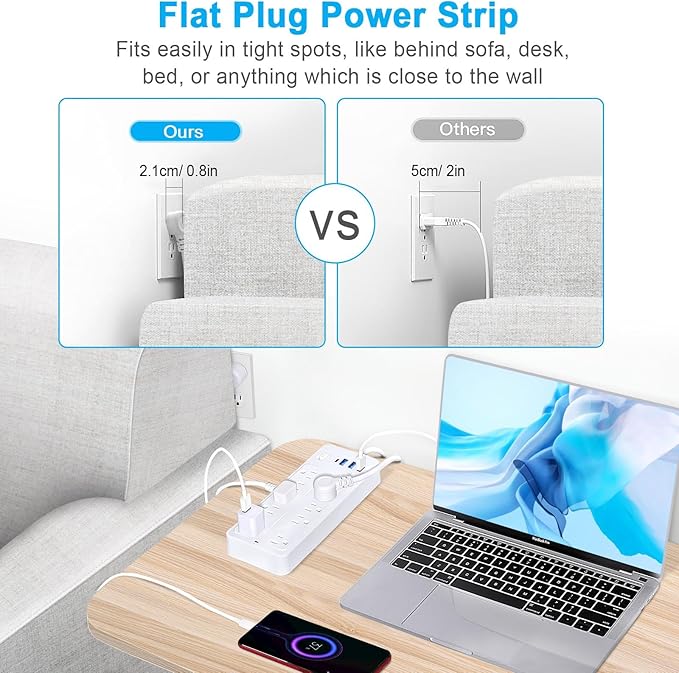 15 FT Power Strips with Surge Protection 1625W/13A,10 Outlets with 4 USB Ports (1 USB C) Long Extension Cord with Multiple Outlets 16Awag 1700J Flat Plug Power Strip Protector White,ETL Listed-DeskLoop Office