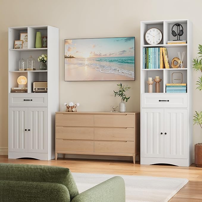 Gizoon Storage Cabinet, 71'' H Kitchen Storage Cabinet with Doors & Drawers, Kitchen Pantry with Adjustable Shelves, Anti-tip, Metal Handle, for Living Room, Office, Bathroom, White-DeskLoop Office