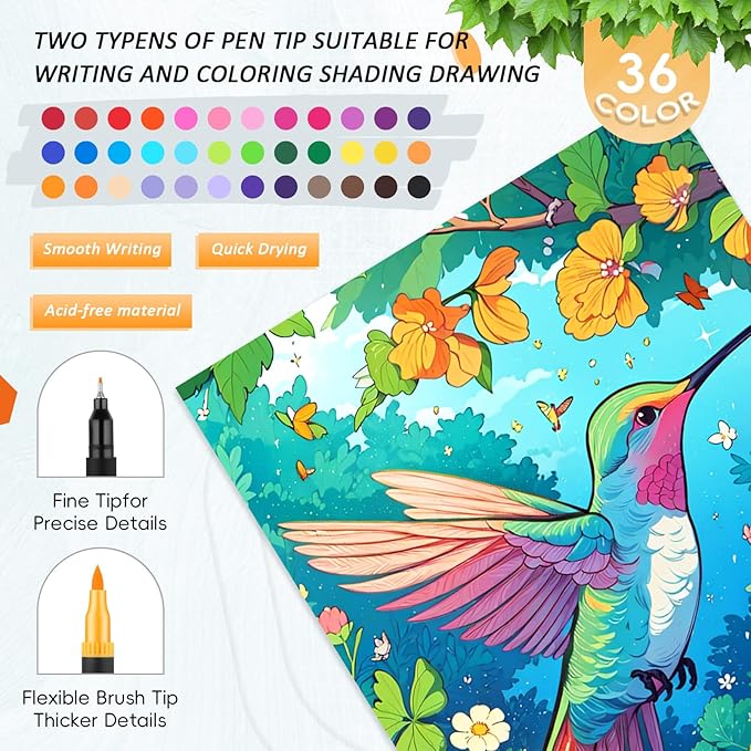 3Pcs Adult Coloring Book for Women Relaxation, 36 Colors Markers with Spiral Bound Adult Coloring Book for Women, 36 Dual Tip Colors Markers, Anxiety Relief Mindfulness Gifts(Ocean & Bird & Butterfly)-DeskLoop Office