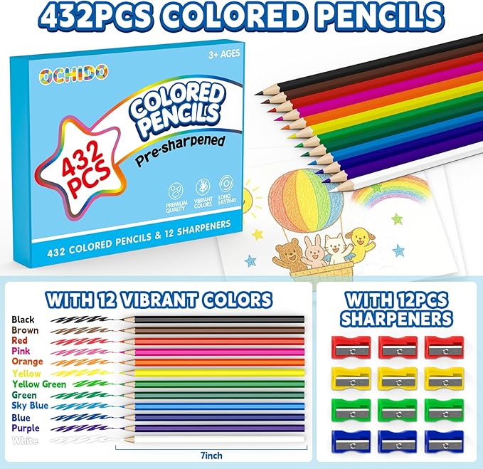 OCHIDO 432 Count Colored Pencils Bulk, Pre-sharpened Colored Pencils for Kids in 12 Bright Colors, Color Pencil Set with 12 Sharpeners, Back to School Supplies Classroom Essentials for Teachers-DeskLoop Office