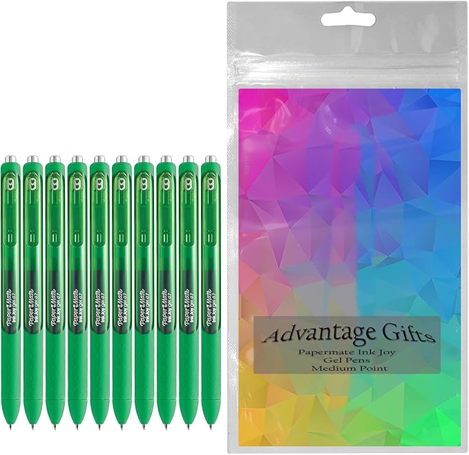 Paper Mate InkJoy Gel Pens, Green Ink, Medium Point (0.7mm), 10 Count, Bundle with Plastic Reusable Pouch-DeskLoop Office