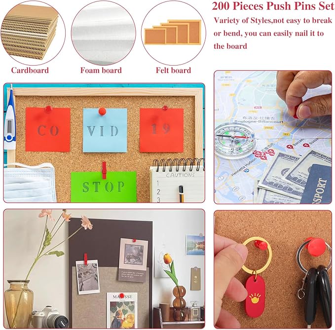 BESARME 200 Pieces Red Push Pins, 5 Style Thumb Tacks Decorative Pins for Cork Board Bulletin Wall Craft Office Home Supplies-DeskLoop Office