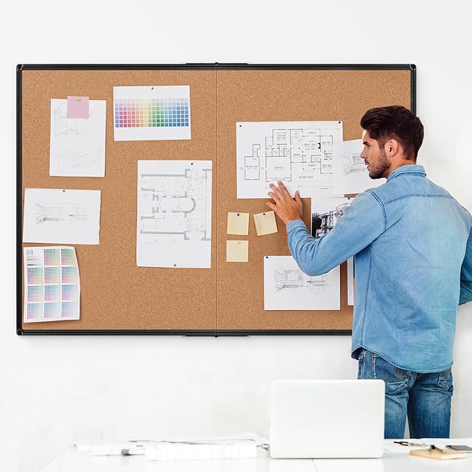 Board2by Cork Board Bulletin Board 36 x 48, Foldable Notice Pin Board for Wall, Black Aluminum Framed 4x3 Corkboard, Large Wall Mounted Office Board with 36 Push Pins for School & Home-DeskLoop Office
