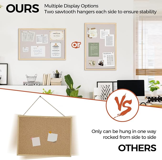 Fun Memories Cork Board Bulletin Board for Office, 20" x 30" Pine Wooden Framed Corkboard, Wall Mounted Notice Pin Board for School Home & Office, Natural Wood-DeskLoop Office