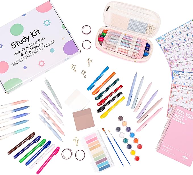 TuErCao Bible Study Supplies Kit - Black Daisies Aesthetic Pencil Pouch Bag, 75 Durable Tabs, 12 Smooth Crayon Highlighters, 16 Gel Pens, Notebook, Notes -Bible Journaling Study Tools-DeskLoop Office