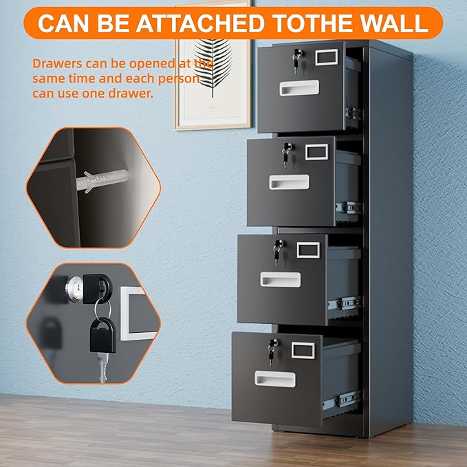 4 Drawer Metal Vertical File Cabinet with 4 Independent Locks, Home Office File Cabinet with Card Holder for Letter/Legal/A4 Folders, Black Filing Cabinet, Assembly Required, 4 Drawers-DeskLoop Office