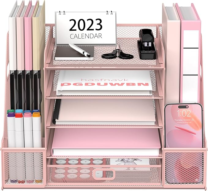 SUPEASY Mesh Desk Organizer with File Holder, 5-Tier Paper Letter Tray Organizer with Magazine Holder, Desktop Organizer and Storage with Drawer for Office Supplies Home or School, Pink-DeskLoop Office