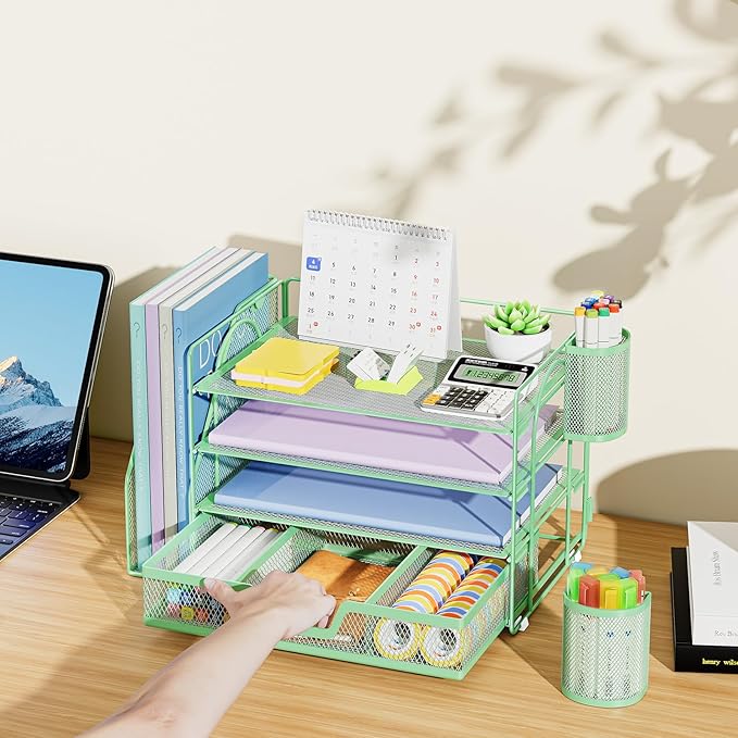 Marbrasse Desk Organizer and Accessories,4-Tier Paper Letter Tray Organizer with File Holder, Desk Accessories & Workspace Organizers with Drawer and 2 Pen Holder (Green, 15.4" x 9.1" x 8.3")-DeskLoop Office