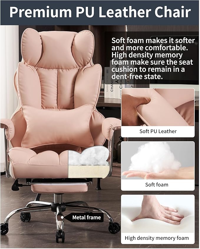 Efomao Big and Tall Office Chair 400LBS, Heavy Duty Executive Office Chair with Foot Rest, Home Office Desk Chairs, Pink Big Tall Computer Chair-DeskLoop Office