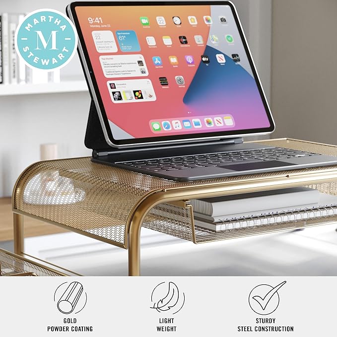 Martha Stewart Ryder Gold Mesh Metal Desktop Monitor Stand Riser with Organizer Drawer and Side Storage, 12.5 x 22.25 x 6.5 inches-DeskLoop Office