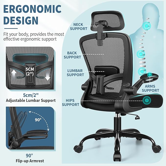 FelixKing Ergonomic Office Chair, Headrest Desk Chair with Adjustable Lumbar Support, Home Office Swivel Task Chair with High Back and Armrest, Adjustable Height Gaming Chair(Black)-DeskLoop Office