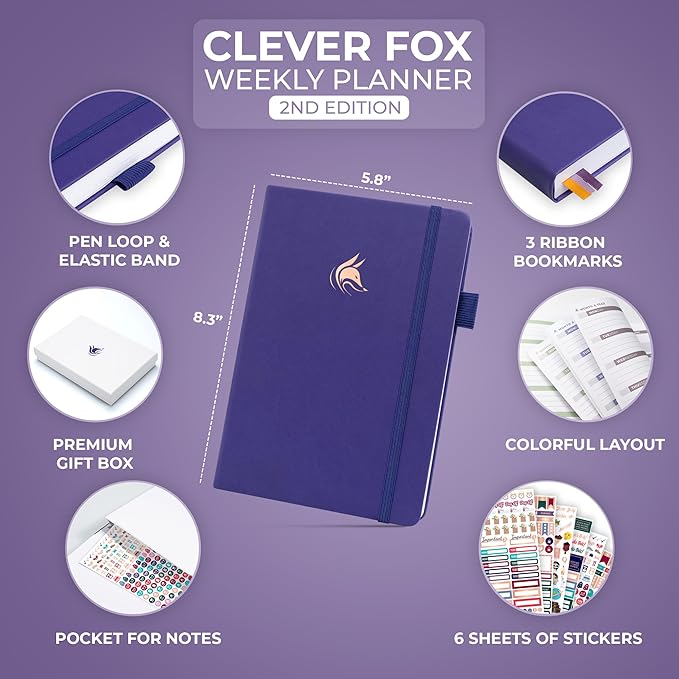 Clever Fox Planner 2nd Edition – Colorful Weekly & Monthly Goal Planner, Time Management & Productivity Organizer, Undated, A5 (Purple)-DeskLoop Office