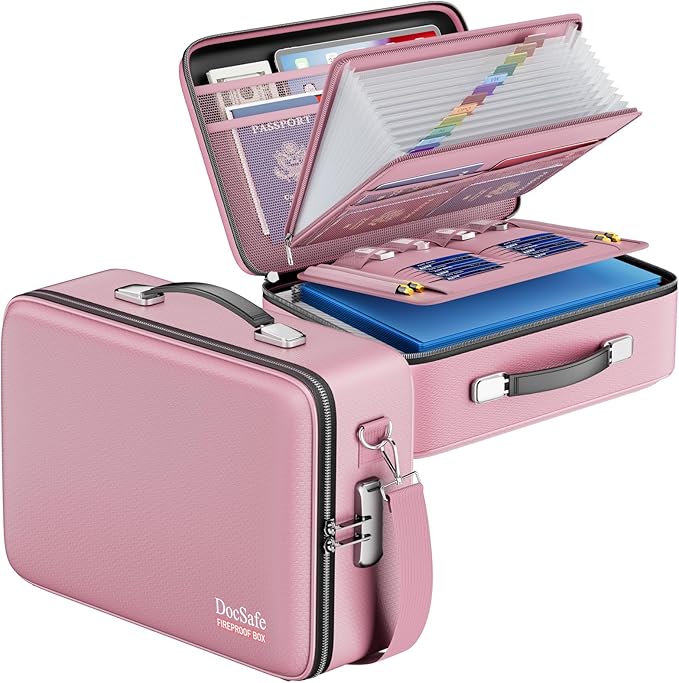 DocSafe Fireproof Document Box with Lock&Shoulder Strap,Hard Case File Organizer with Accordion File Folder,Multi-Layer Portable Home Office Travel Safe Storage for Important Documents Laptop Pink-DeskLoop Office