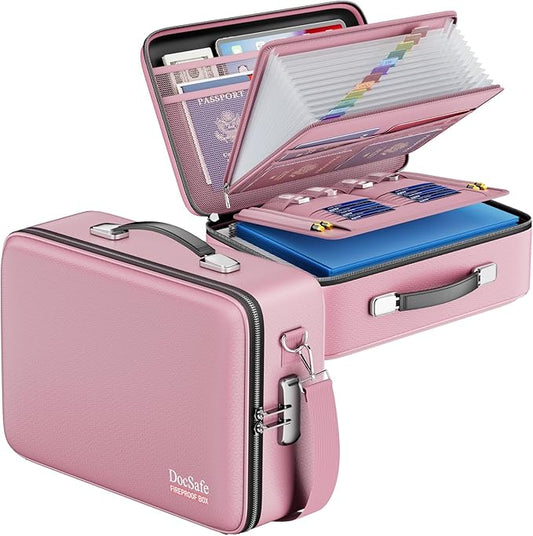 DocSafe Fireproof Document Box with Lock&Shoulder Strap,Hard Case File Organizer with Accordion File Folder,Multi-Layer Portable Home Office Travel Safe Storage for Important Documents Laptop Pink-DeskLoop Office