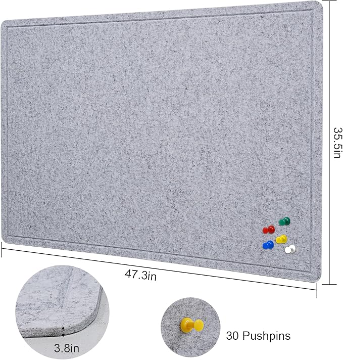 Large Bulletin Board - 48 X 36 inches Decorative Felt Pin Board - 4' x 3' Cork Board Alternative for Wall - Foldable Photo Board Self-Adhesive Vision Board Prayer Board with 30 Pushpins - Silver Gray-DeskLoop Office