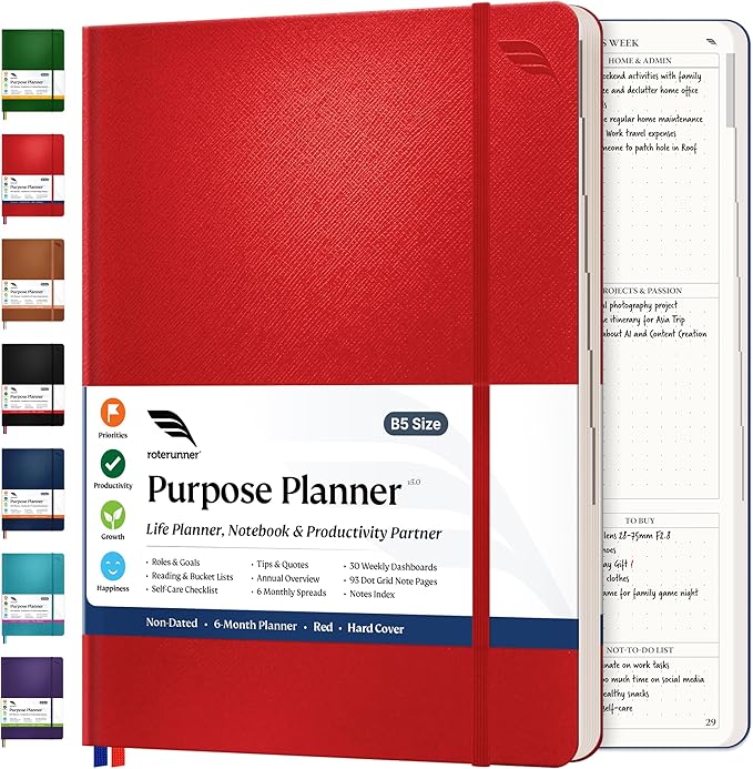 Roterunner Purpose Planner Notebook B5 7.5”x9.8” Undated Planner 2025 Daily Weekly and Monthly Productivity Goal Setting Tool for Work Home ADHD Planner for Adults Self Care Journal-DeskLoop Office