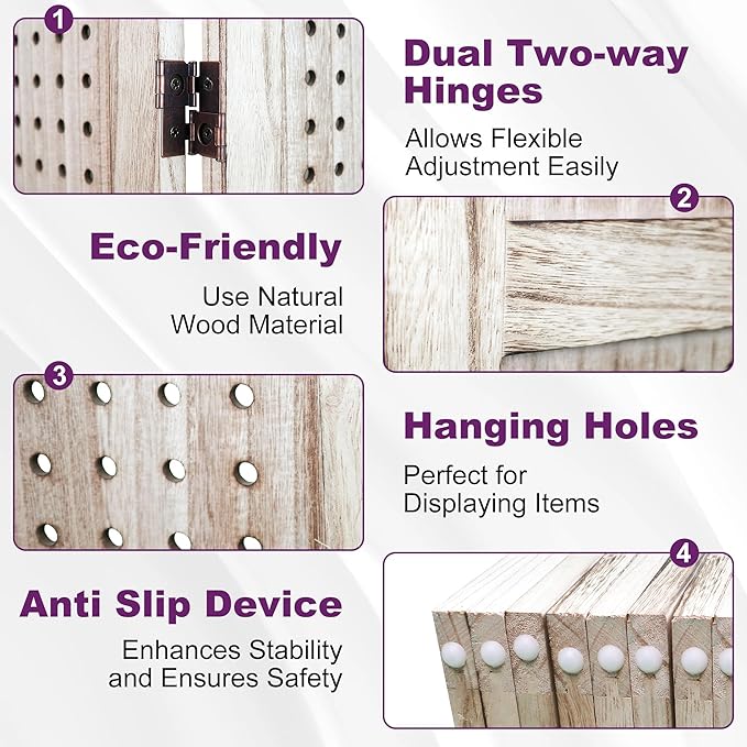 Room Divider, 5.6FT Folding Room Divider Panel, 4 Panel Pegboard Display Wood Partition Wall Divider for Room Separation& Craft Shows, Natural Wood-DeskLoop Office