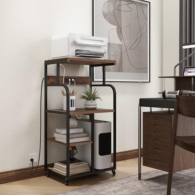 VEDECASA Large Printer Stand Cart with Charging Station USB Port 21.2"x15.7"x42.3" Tall 3-Tier Adjustable Shelf Storage Home Office Rolling Stand with Wheels-DeskLoop Office