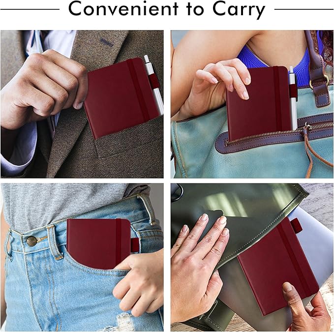 feela 6 Pack Pocket Mini Notebooks Bulk, Small Cute Memo Notepads Hardcover College Ruled Lined Journals with Pen Holder for School Business Work, with 6 Black Pens, 3.5”x 5.5”, A6, Wine-DeskLoop Office