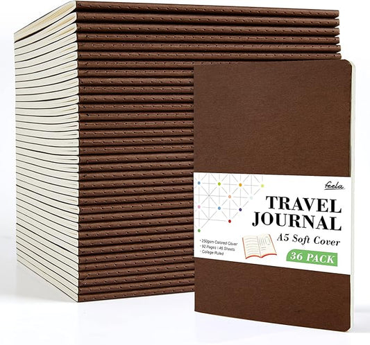 36 Pack Soft Cover Journal Bulk, Feela Lined Blank Travel Journal for Women Men Writing, Notebooks College Ruled for Work, Note Taking Notebook School Business Supplies, 8.2” x 5.5”, A5, Brown-DeskLoop Office