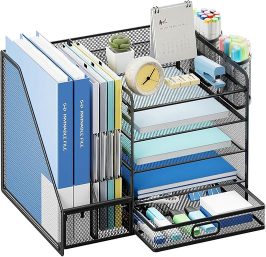 Lavatino Desk Organizer with File Holder, 5-Tier Paper Letter Tray Organizer with Sliding Drawer and 2 Pen Holder, Mesh Desktop File Organizer for Office Supplies (Black)-DeskLoop Office