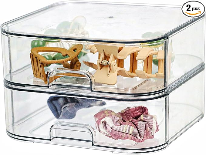 Set of 2 Stackable Storage Drawers - 7.8" Clear Plastic Drawer Storage, Acrylic Makeup Organizer, Desk Counter Cabinet Office Organizer, Bathroom Organizers and Storage (Square/Set of 2)-DeskLoop Office