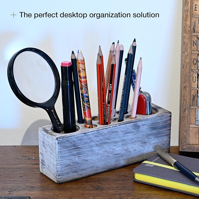 Whitewashed Wooden Pen Holder, Grey Solid Wood Desk Organizer, Rustic Paint Brush Holder and Art Supplies Organizer-DeskLoop Office