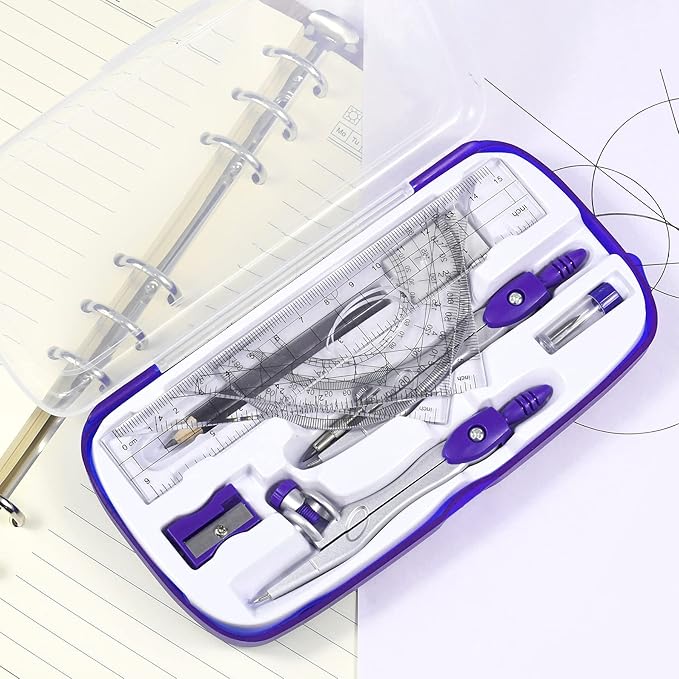 Math Geometry Kit Sets 10 Piece Student Supplies with Shatterproof Storage Box,Includes Rulers,Protractor,Compass,Eraser,Pencil Sharpener,Lead Refills,Pencil,for Drafting and Drawings(Purple)