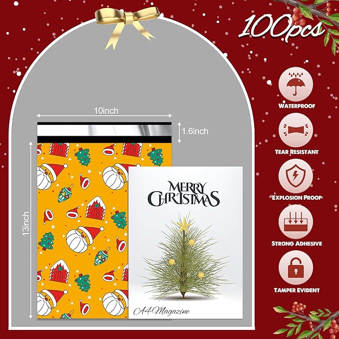 Christmas Poly Mailer 10x13 Inch 100 Pcs, Waterproof Shipping Bags for Clothing, Tear-Resistant Mailier, Strong Mailing With Self-Seal - Santa Claus Printed-DeskLoop Office