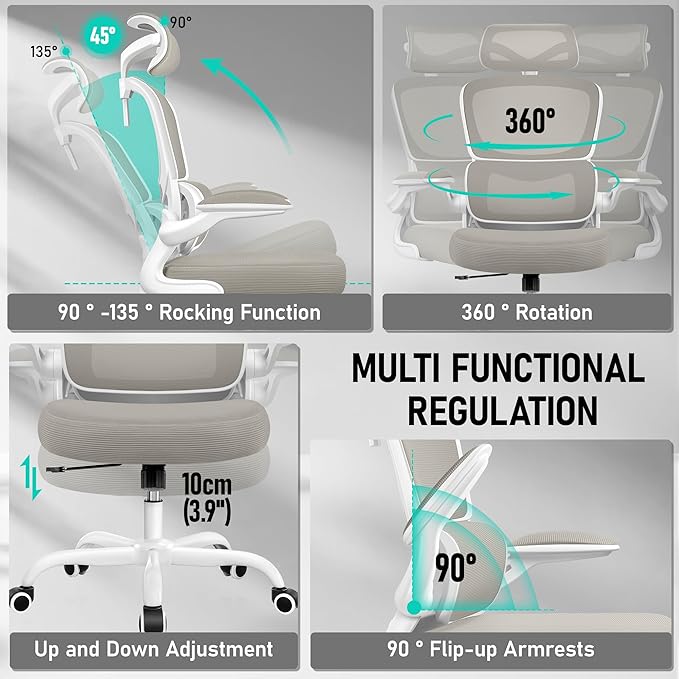 High Back Ergonomic Office Chair, Breathable Mesh Desk Chair with Lumbar Support, Adjustable Headrest, Flip-up Armrests, Computer Gaming Chair-DeskLoop Office