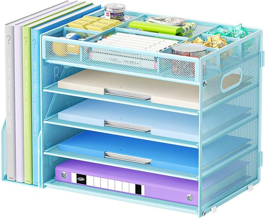 Marbrasse 5-Tier Desk Organizer with File Holder,Paper Letter Tray Organizer,Desktop File Organizer with Adjustable Compartments,Mesh Desk Organizers and Accessories for Office Supplies,Blue-DeskLoop Office