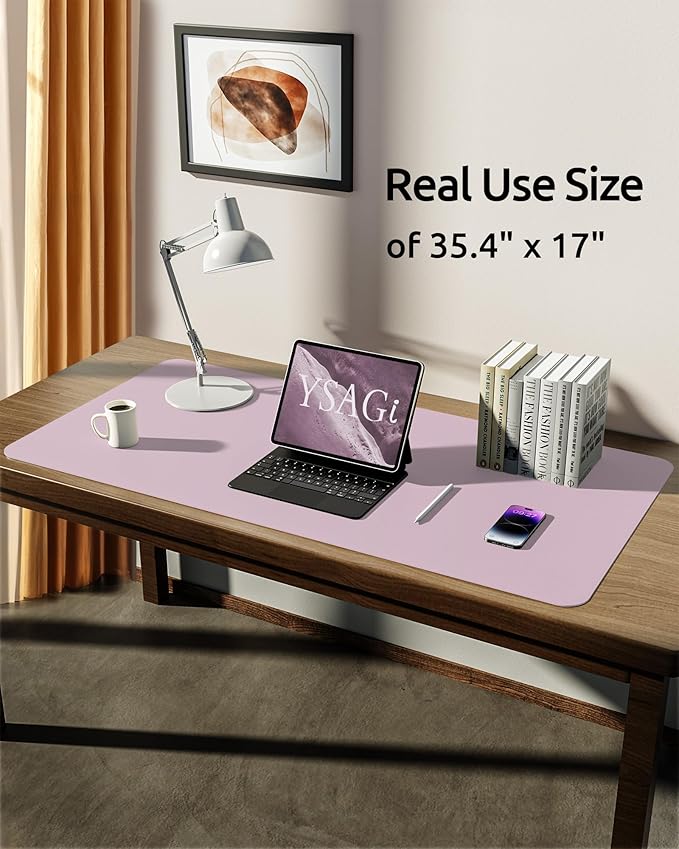 YSAGi Leather Desk Protector, Office Mat, Large Mouse Mat, Non-Slip PU Leather Blotter, Laptop Pad, Waterproof Writing Pad for Office and Home (Grayish Lavender, 35.4" x 17")-DeskLoop Office
