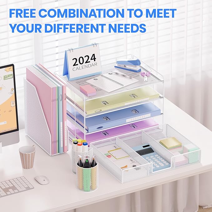 Desk Organizer and Accessories, 4-Tier Desktop File Organizer with Drawer and 2 Pen Holders, Office Desk Accessories for Office Supplies(White)-DeskLoop Office