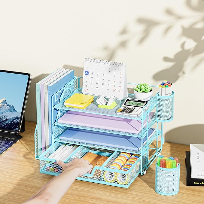 Marbrasse Desk Organizer and Accessories,4-Tier Paper Letter Tray Organizer with File Holder, Desk Accessories & Workspace Organizers with Drawer and 2 Pen Holder (Blue, 15.4" x 9.1" x 8.3")-DeskLoop Office