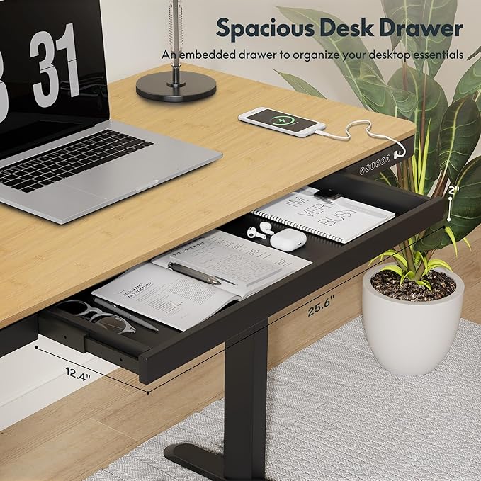FLEXISPOT Comhar Electric Standing Desk with Drawer Desktop & Adjustable Frame w/USB Charge Ports (Bamboo Texture/Black, Wood)-DeskLoop Office