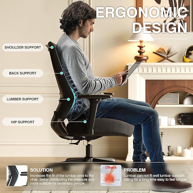 T96C Ergonomic Home Office Chair, Mesh Computer Desk Chair with 4D Armrests, Adjustable Lumbar Support,Tilt Function, Executive Rolling Swivel Task Chair for Long Hours (Black - Upholstered Seat)-DeskLoop Office