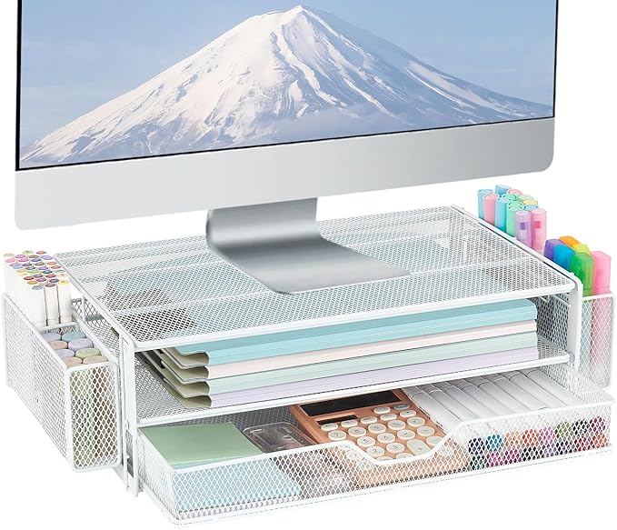 AUPSEN Computer Monitor Stands Riser,2-Tier Desk Organizers and Accessories, Office Desk Accessories Organizer with Drawers and 2 Pen Holder for Office Supplies (White)-DeskLoop Office