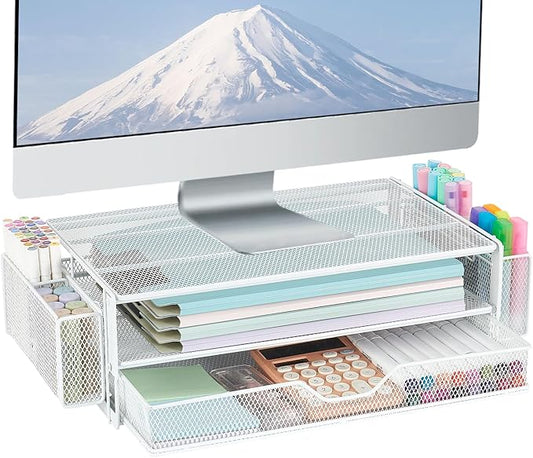 AUPSEN Computer Monitor Stands Riser,2-Tier Desk Organizers and Accessories, Office Desk Accessories Organizer with Drawers and 2 Pen Holder for Office Supplies (White)-DeskLoop Office