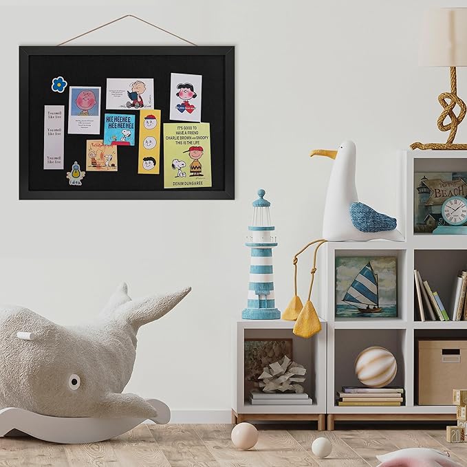 Black Cork Board Bulletin Board 16.7" x 11", Small Linen Corkboards with Frame for Walls, Cute Picture Display Pin Board Vision Board for Room School Office Bedroom 8 Pushpins-DeskLoop Office