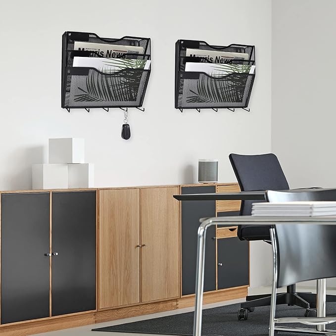 EASEPRES 3 Pocket Mesh Hanging File Organizer with Key Holder Hooks & Nametag Label, Wall Mounted Mail Paper Document Folder Clipboard Storage Organization Magazine Rack for Office Cubicle, Black-DeskLoop Office