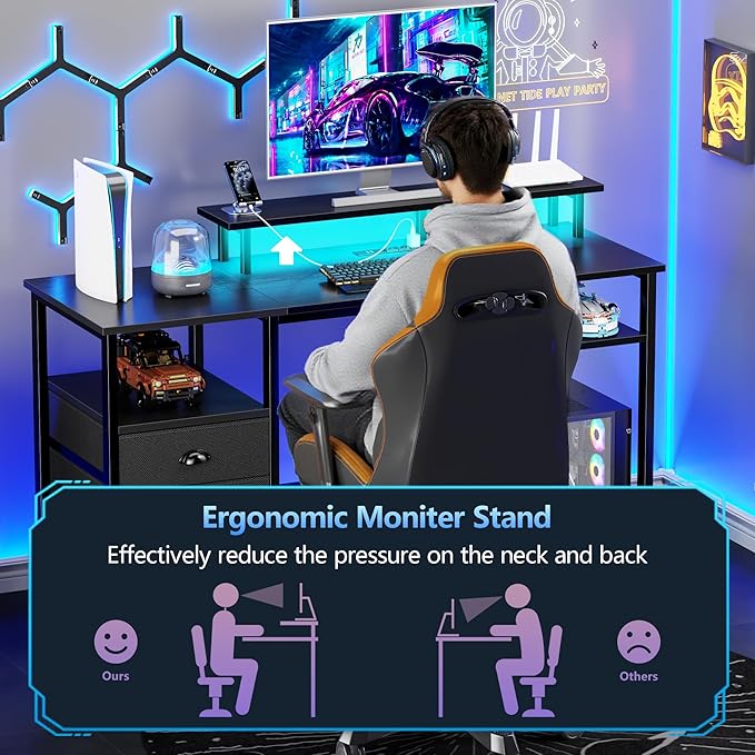 Furologee 51" Gaming Desk with Power Outlets & LED Lights, Reversible Computer Desk with File Cabinet & Monitor Stand for Home Office, Large Work Table with Storage Shelves & Drawer, Black-DeskLoop Office