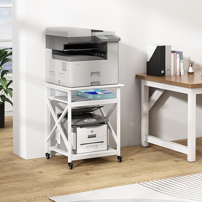 Large Printer Stand with Height Adjustable Storage Shelf, 23.6 x 23.6 Inches Square Printer Table with Industrial Wheels, Multi-use 3 Tier Rolling Printer Cart for Home Office - White-DeskLoop Office