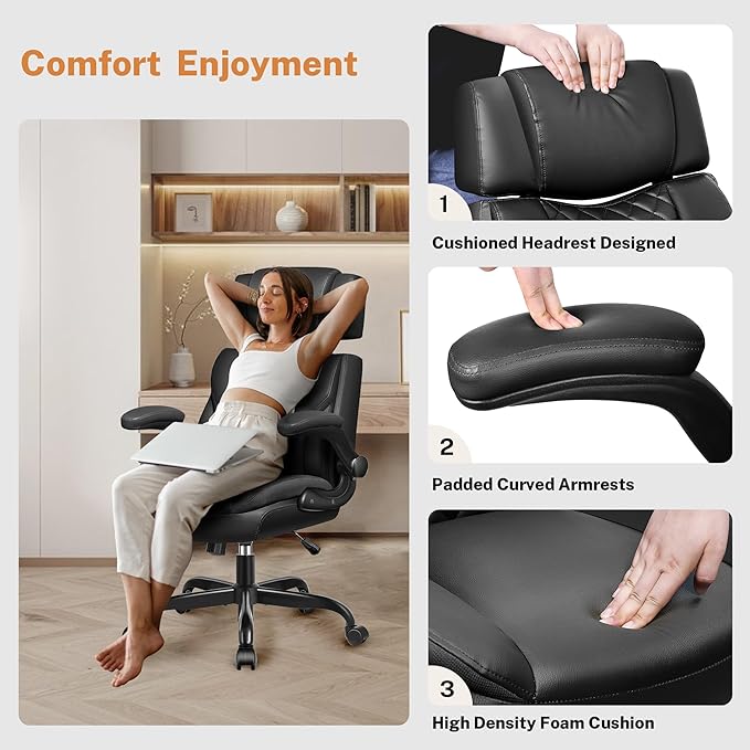 Office Chair Flip Up Arms, Executive Leather Office Chair Ergonomic Desk Chair with Lumbar Support, Adjustable Headrest, Computer Chair Home Office Desk Chair with Rocking Function-DeskLoop Office