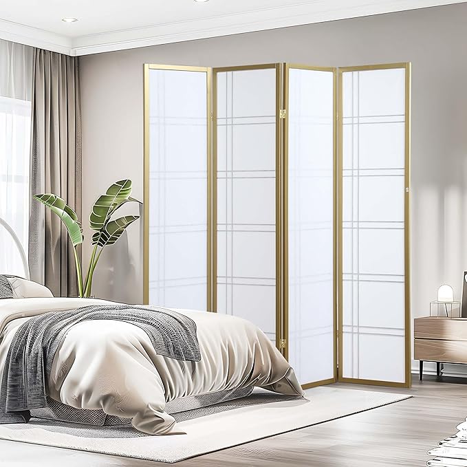 NicBex Room Divider 4 Panel Room Dividers with Paper-Looking Partition Room Dividers and Folding Privacy Screens Wall Divider for Home, Office, Room Separation,72" W x 1" D x 70" H, White+Gold-DeskLoop Office