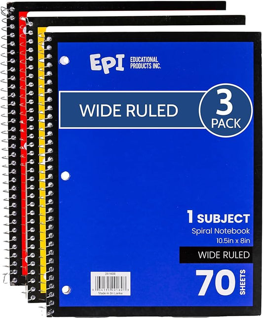 EPI Spiral Notebook | Wide - 70 Sheets, Durable Spiral Binding | 10.5 x 8 in | Classroom Supplies | School, Office, Note Taking, Journaling - 3 Pack-DeskLoop Office