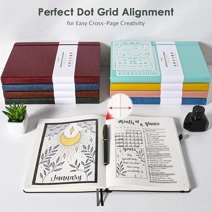 Dotted Journal Notebook, 312 Numbered Pages Large B5 Hardcover Leather Notebook, 100gsm No Bleed Paper Dot Grid Notebook with Index Pages, Dot Journal for Women Men, 7.6'' X 10'', Green-DeskLoop Office