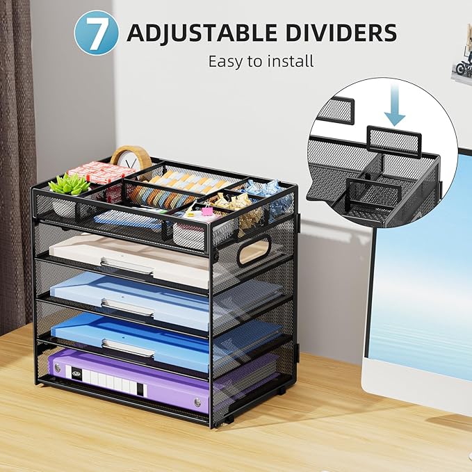 Marbrasse 5-Tier Letter Tray Paper Organizer with Handle, Multi-Functional Mesh File Organizer for Desk, Adjustable Compartments Mesh Desktop Storage for Office Supplies,Black-DeskLoop Office