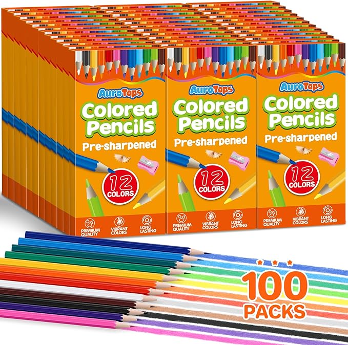 100 Packs Colored Pencils Bulk,1200 Count Pre-Sharpened Colored Pencils in Bulk,Vibrant Colors,12 Color Pencils Set for Classroom Prizes,Back to School Supplies for Kids-DeskLoop Office